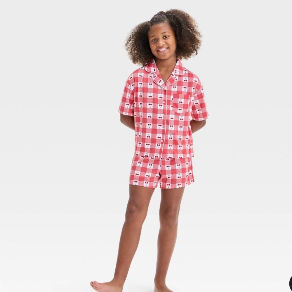 Girls Cherry/Gingham Short sleeve Pajama Set.